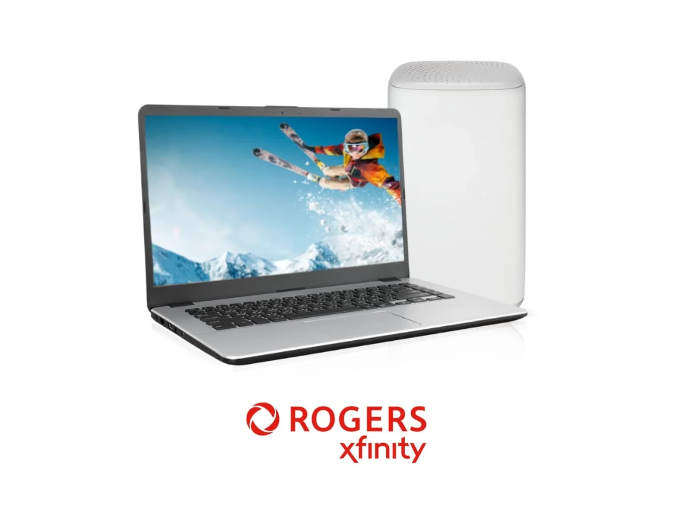 A laptop screen in front of an internet modem displays a skier doing a flip, beside an Olympic flame, above Rogers XFinity internet logo on a white background.